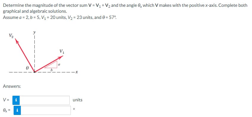 Determine the magnitude of the vector sum V = V₁ + V₂ and the angle 0, which V makes with the positive x-axis. Complete both
graphical and algebraic solutions.
Assume a = 2, b = 5, V₁ = 20 units, V₂ = 23 units, and 0 = 57°
V₂
V₁
Answers:
V= i
3
0x = i
-x
units
0