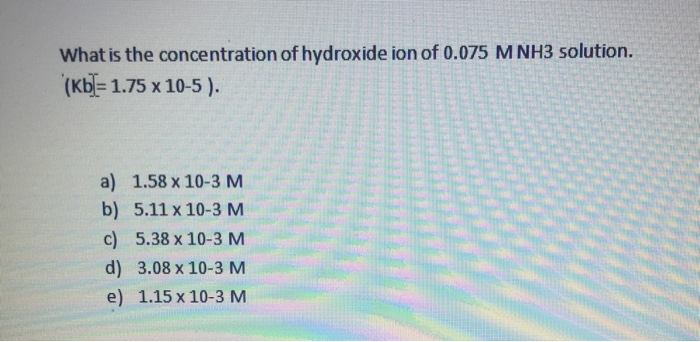 What is the concentration of hydroxide ion of 0.075 M NH3 solution.
