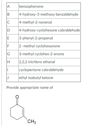 A.
benzophenone
4-hydroxy-3-methoxy benzaldehyde
4-methyl-2-nonenal
4-hydroxy-cyclohexane cabraldehyde
E
3-phenyl-2-propenal
2 -methyl cyclohexanone
3-methyl cyclohex-2-enone
2,2,2 trichloro ethanal
F
G
cyclopentane cabraldehyde
ethyl isobutyl ketone
Provide appropriate name of
`CH3
C.
D.
