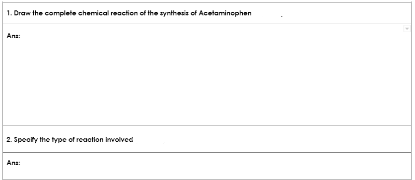 1. Draw the complete chemical reaction of the synthesis of Acetaminophen
Ans:
2. Specify the type of reaction involved
Ans:

