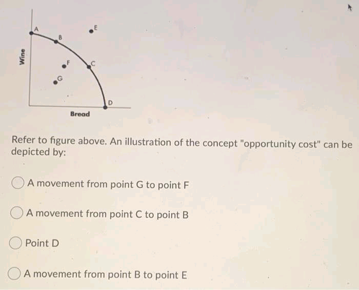 Bread
Refer to figure above. An illustration of the concept "opportunity cost" can be
depicted by:
A movement from point G to point F
A movement from point C to point B
Point D
A movement from point B to point E
Wine
