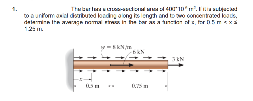 1.
The bar has a cross-sectional area of 400*106 m². If it is subjected
to a uniform axial distributed loading along its length and to two concentrated loads,
determine the average normal stress in the bar as a function of x, for 0.5 m < x≤
1.25 m.
-X
0.5 m
w = 8 kN/m
-6 kN
0.75 m
3 kN