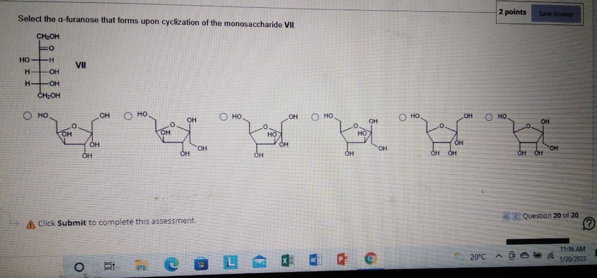 2 points
Save Answer
Select the a-furanose that forms upon cyclization of the monosaccharide VII.
CH2OH
но
-H-
VII
H-
OH
-OH
CH2OH
O HO
OH
но
O HỌ
OH
O HO
O HO.
OH
O HO
он
OH
OH
HO
HO
OH
OH
HO,
Он
HO.
OH
OH
OH
ÓH
«< Question 20 of 20
A Click Submit to complete this assessment.
11:36 AM
20°C
1/20/2022
近
