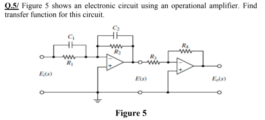 Q.5/ Figure 5 shows an electronic circuit using an operational amplifier. Find
transfer function for this circuit.
C2
R4
ww
R2
R3
E;(s)
E(s)
E(s)
Figure 5
