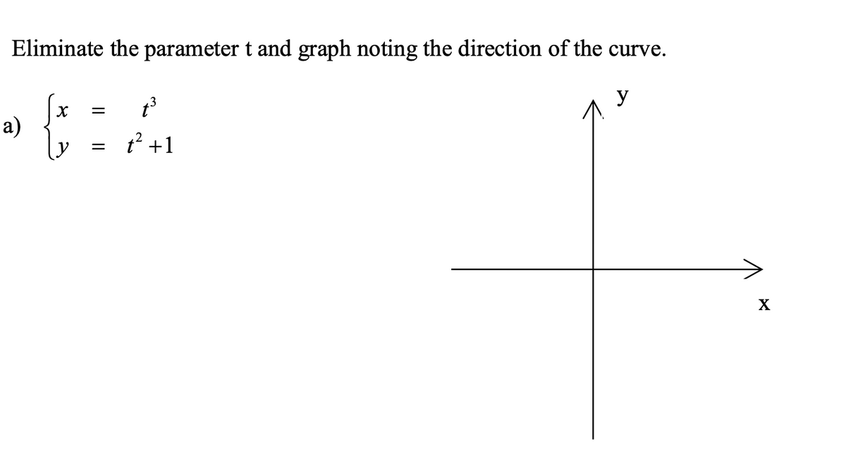 Eliminate the parameter t and graph noting the direction of the curve.
y
a)
t² +1
X
