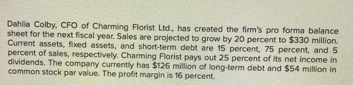 Dahlia Colby, CFO of Charming Florist Ltd., has created the firm's pro forma balance
sheet for the next fiscal year. Sales are projected to grow by 20 percent to $330 million.
Current assets, fixed assets, and short-term debt are 15 percent, 75 percent, and 5
percent of sales, respectively. Charming Florist pays out 25 percent of its net income in
dividends. The company currently has $126 million of long-term debt and $54 million in
common stock par value. The profit margin is 16 percent.