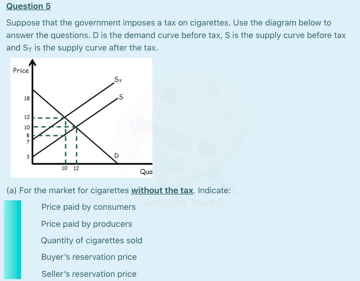 Question 5
Suppose that the government imposes a tax on cigarettes. Use the diagram below to
answer the questions. D is the demand curve before tax, S is the supply curve before tax
and St is the supply curve after the tax.
Price
ST
18
12
10
8
7
10 12
Qua
(a) For the market for cigarettes without the tax. Indicate:
Created by Paint S
Price paid by consumers
Price paid by producers
Quantity of cigarettes sold
Buyer's reservation price
Seller's reservation price
