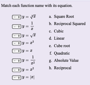 Match each function name with its equation.
a. Square Root
1
b. Reciprocal Squared
c. Cubic
d. Linear
Dy = v
Dy = z
Dy = z
e. Cube root
f. Quadratic
g. Absolute Value
h. Reciprocal
1
- 9y = 2?
)y = \2|
