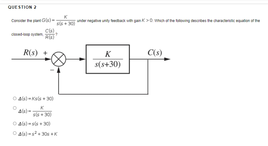 QUESTION 2
K
Consider the plant G(s) =
under negative unity feedback with gain K>0. Which of the following describes the characteristic equation of the
s(s + 30)
C(s).
R(s)
closed-loop system,
R(s) +
K
C(s)
s(s+30)
O A(S) = Ks(s +30)
K
A(s) =
s(s + 30)
O A(s) = s(s +30)
O A(s) =s2 + 30s +K
