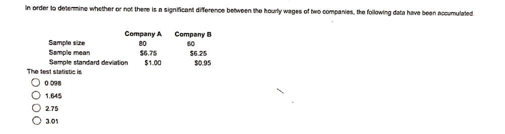 In order to determine whether or not there is a significant difference between the hourly wages of two companies, the following data have boon accumulated.
Company A
Company B
Sample size
80
60
Sample mean
$6.75
$6.25
Sample standard deviation
$1.00
$0.95
The test statistic is
O 0,098
O 1.645
O 2.75
O 3.01
