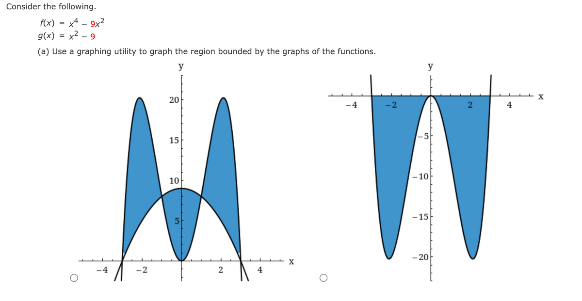 Consider the following.
f(x) = x4 – 9x²
g(x) = x²
9.
(a) Use a graphing utility to graph the region bounded by the graphs of the functions.
y
y
20
-4
-2
2
4
-5
15
- 10
10
- 15
- 20
X
-2
2

