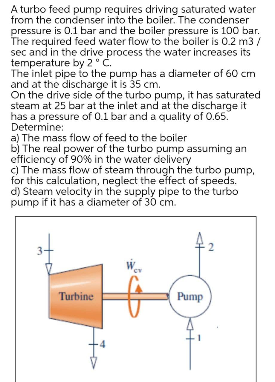 A turbo feed pump requires driving saturated water
from the condenser into the boiler. The condenser
pressure is 0.1 bar and the boiler pressure is 100 bar.
The required feed water flow to the boiler is 0.2 m3 /
sec and in the drive process the water increases its
temperature by 2° C.
The inlet pipe to the pump has a diameter of 60 cm
and at the discharge it is 35 cm.
On the drive side of the turbo pump, it has saturated
steam at 25 bar at the inlet and at the discharge it
has a pressure of 0.1 bar and a quality of 0.65.
Determine:
a) The mass flow of feed to the boiler
b) The real power of the turbo pump assuming an
efficiency of 90% in the water delivery
c) The mass flow of steam through the turbo pump,
for this calculation, neglect the effect of speeds.
d) Steam velocity in the supply pipe to the turbo
pump if it has a diameter of 30 cm.
3.
2
W.
CV
Turbine
Pump
