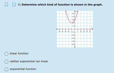 5) Determine which kind of function is shown in the graph.
-5
linear function
neither exponential nor linear
O exponential function
