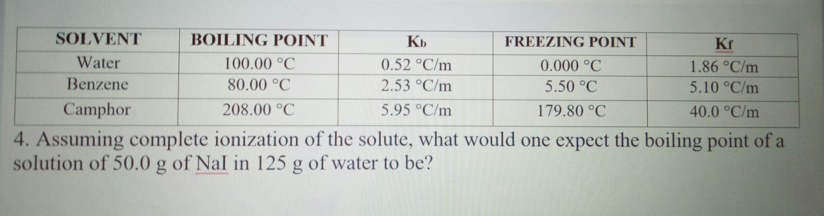 4. Assuming complete ionization of the solute, what would one expect the boiling point of a
solution of 50.0 g of Nal in 125 g of water to be?
