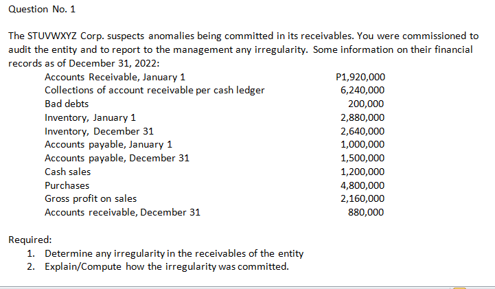 Question No. 1
The STUVWXYZ Corp. suspects anomalies being committed in its receivables. You were commissioned to
audit the entity and to report to the management any irregularity. Some information on their financial
records as of December 31, 2022:
Accounts Receivable, January 1
P1,920,000
6,240,000
Collections of account receivable per cash ledger
Bad debts
200,000
Inventory, January 1
2,880,000
Inventory, December 31
2,640,000
Accounts payable, January 1
1,000,000
Accounts payable, December 31
1,500,000
Cash sales
1,200,000
Purchases
4,800,000
Gross profit on sales
2,160,000
Accounts receivable, December 31
880,000
Required:
1. Determine any irregularity in the receivables of the entity
2. Explain/Compute how the irregularity was committed.