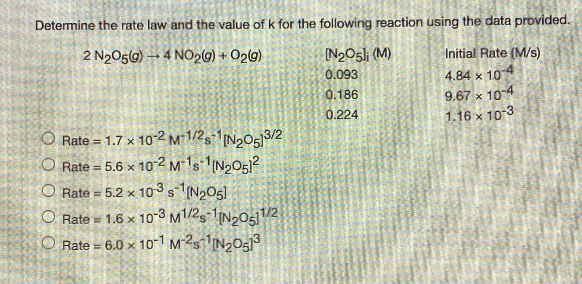 Determine the rate law and the value of k for the following reaction using the data provided.
2 N205(g) → 4 NO29) + O2lg)
[N205li (M)
Initial Rate (M/s)
0.093
4.84 x 10 4
9.67 x 10-4
1.16 x 10-3
0.186
0.224
O Rate = 1.7 x 10-2 M-1/25-1N,O5]3/2
O Rate = 5.6 x 10-2 M-15N205)?
O Rate = 5.2 x 10-3 s-IN205)
O Rate = 1.6 x 10-3 M1/2s-1IN205]1/2
O Rate = 6.0 x 1o-1 M-2s-1IN,053
