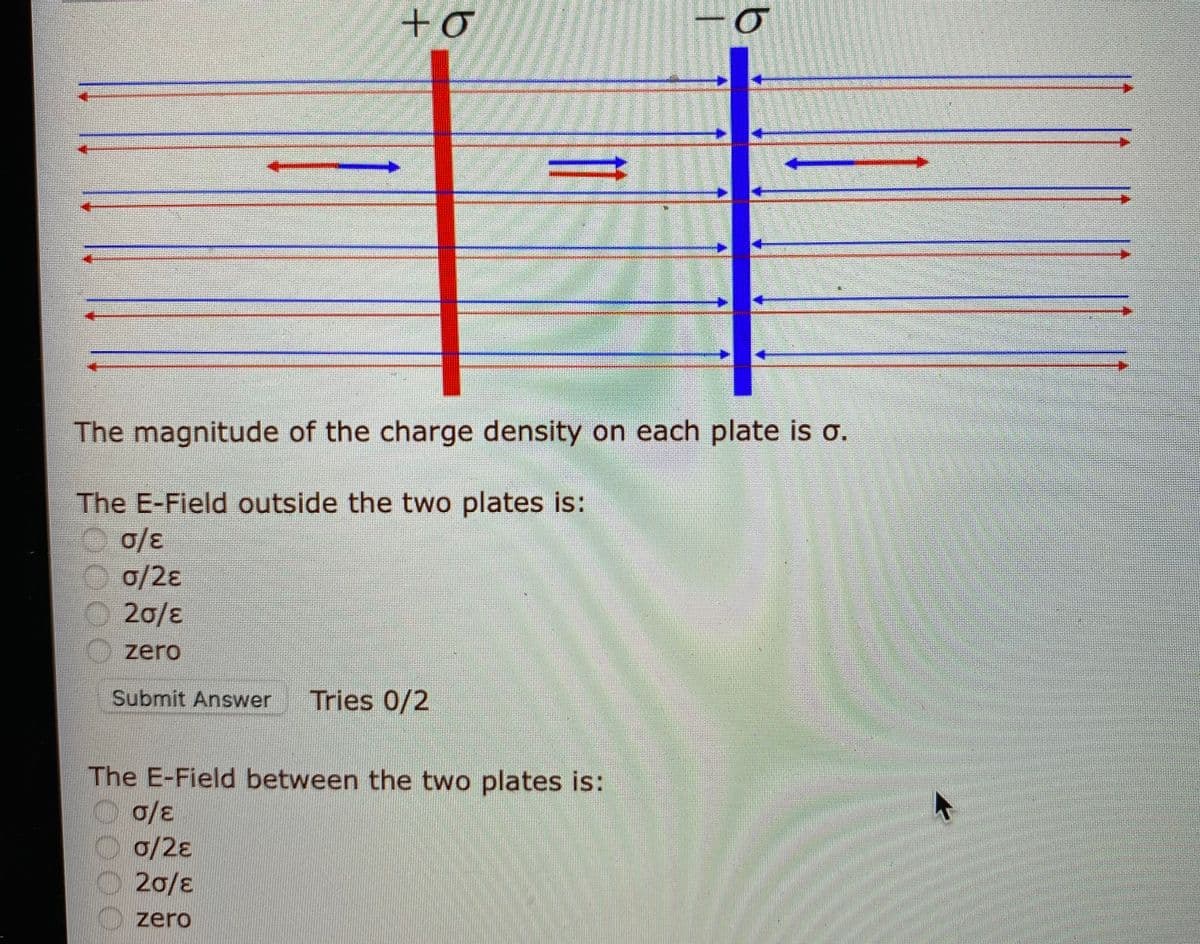 The magnitude of the charge density on each plate is o.
The E-Field outside the two plates is:
0/28
20/8
zero
Submit Answer
Tries 0/2
The E-Field between the two plates is:
0/28
20/8
zero
