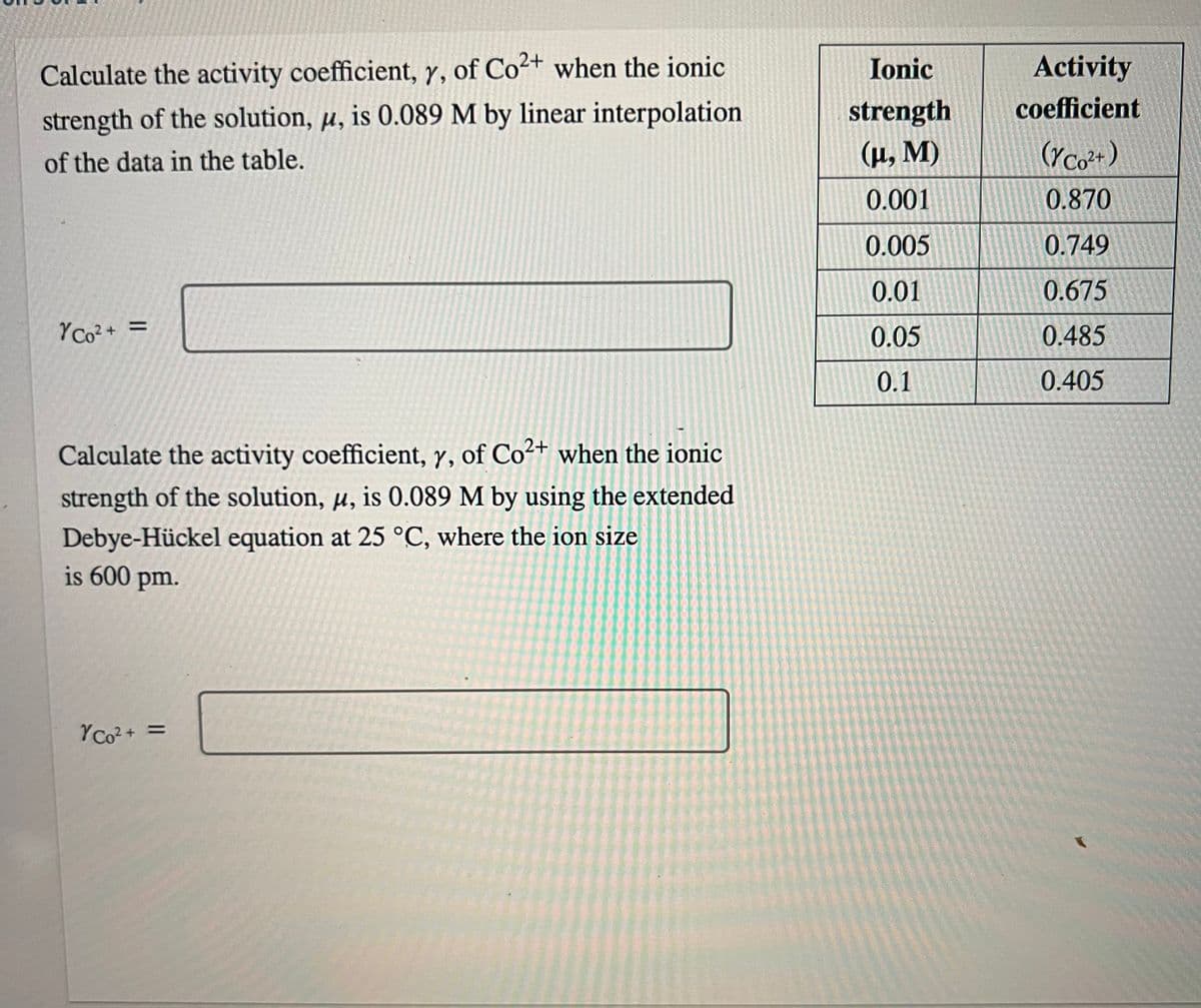 Calculate the activity coefficient, y, of Co2+ when the ionic
strength of the solution, μ, is 0.089 M by linear interpolation
of the data in the table.
Y Co²+ =
Calculate the activity coefficient, y, of Co2+ when the ionic
strength of the solution, μ, is 0.089 M by using the extended
Debye-Hückel equation at 25 °C, where the ion size
is 600 pm.
Y Co²+ =
Ionic
strength
(μ, M)
0.001
0.005
0.01
0.05
0.1
Activity
coefficient
(Y Co²+)
0.870
0.749
0.675
0.485
0.405