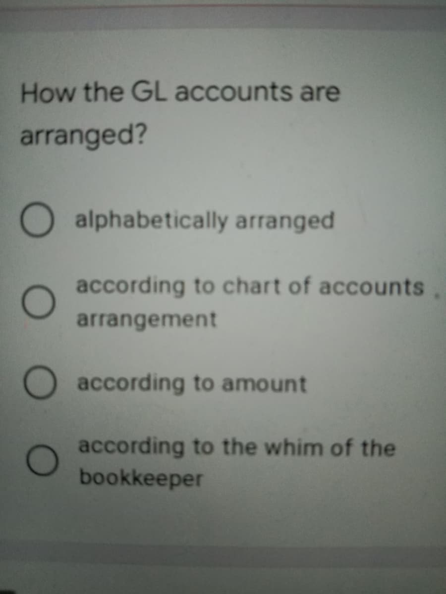 How the GL accounts are
arranged?
O alphabetically arranged
according to chart of accounts
arrangement
according to amount
according to the whim of the
bookkeeper
