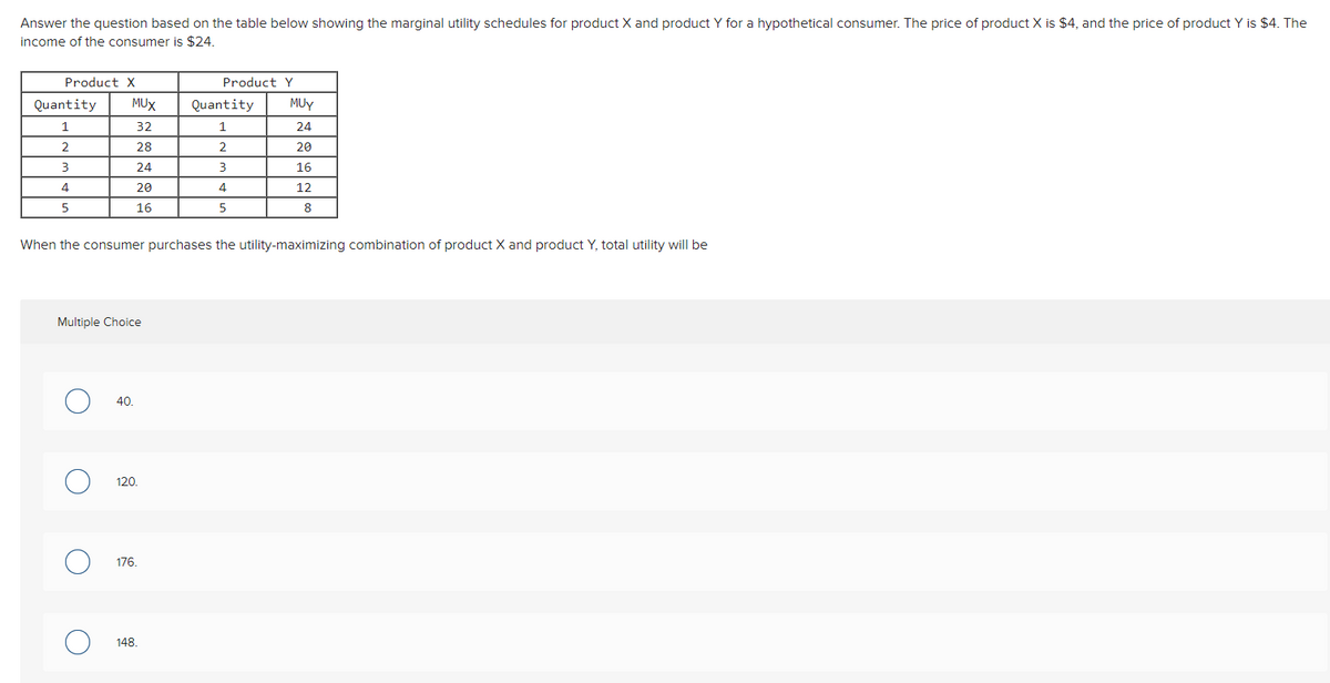 Answer the question based on the table below showing the marginal utility schedules for product X and product Y for a hypothetical consumer. The price of product X is $4, and the price of product Y is $4. The
income of the consumer is $24.
Product X
Product Y
Quantity
MUX
Quantity
MUY
1
32
1
24
2
28
2
20
3
24
3
16
4
20
4
12
16
5
8
When the consumer purchases the utility-maximizing combination of product X and product Y, total utility will be
Multiple Choice
40
120.
176.
148.

