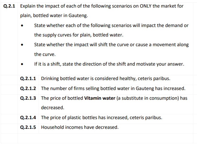 Q.2.1 Explain the impact of each of the following scenarios on ONLY the market for
plain, bottled water in Gauteng.
State whether each of the following scenarios will impact the demand or
the supply curves for plain, bottled water.
State whether the impact will shift the curve or cause a movement along
the curve.
If it is a shift, state the direction of the shift and motivate your answer.
Q.2.1.1 Drinking bottled water is considered healthy, ceteris paribus.
Q.2.1.2 The number of firms selling bottled water in Gauteng has increased.
Q.2.1.3
The price of bottled Vitamin water (a substitute in consumption) has
decreased.
Q.2.1.4 The price of plastic bottles has increased, ceteris paribus.
Q.2.1.5 Household incomes have decreased.
