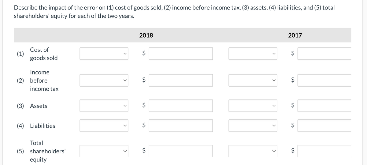 Describe the impact of the error on (1) cost of goods sold, (2) income before income tax, (3) assets, (4) liabilities, and (5) total
shareholders' equity for each of the two years.
(1)
Cost of
goods sold
Income
(2) before
income tax
(3) Assets
(4) Liabilities
Total
(5) shareholders'
equity
>
<
2018
$
LA
LA
$
LA
>
>
>
<
2017
$
tA
LA
$
$