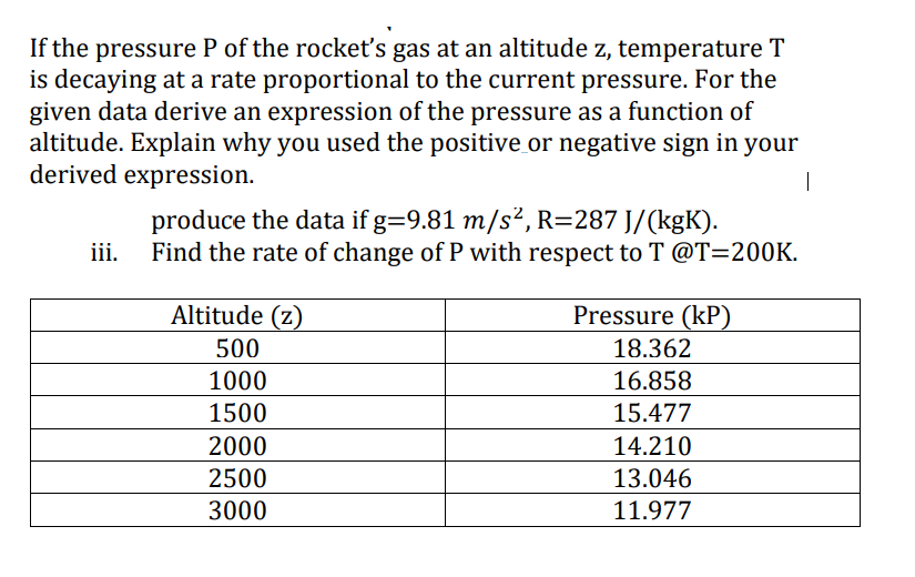 If the pressure P of the rocket's gas at an altitude z, temperature T
is decaying at a rate proportional to the current pressure. For the
given data derive an expression of the pressure as a function of
altitude. Explain why you used the positive or negative sign in your
derived expression.
|
produce the data if g=9.81 m/s², R=287 J/(kgK).
Find the rate of change of P with respect to T @T=200K.
ii.
Altitude (z)
Pressure (kP)
500
18.362
1000
16.858
1500
15.477
2000
14.210
2500
13.046
3000
11.977
