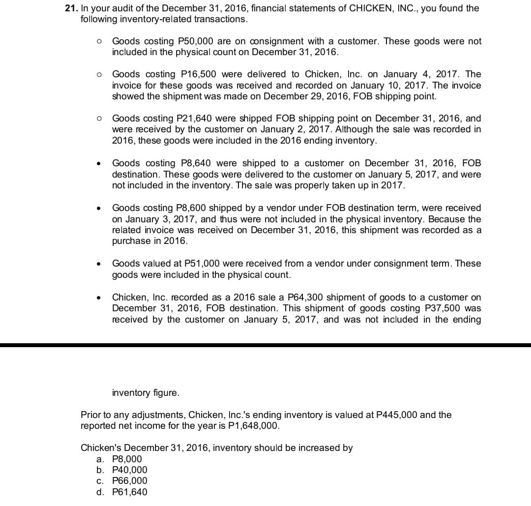 21. In your audit of the December 31, 2016, financial statements of CHICKEN, INC., you found the
following inventory-related transactions.
Goods costing P50,000 are on consignment with a customer. These goods were not
included in the physical count on December 31, 2016.
Goods costing P16,500 were delivered to Chicken, Inc. on January 4, 2017. The
invoice for these goods was received and recorded on January 10, 2017. The invoice
showed the shipment was made on December 29, 2016, FOB shipping point.
Goods costing P21,640 were shipped FOB shipping point on December 31, 2016, and
were received by the customer on January 2, 2017. Although the sale was recorded in
2016, these goods were included in the 2016 ending inventory.
Goods costing P8,640 were shipped to a customer on December 31, 2016, FOB
destination. These goods were delivered to the customer on January 5, 2017, and were
not included in the inventory. The sale was properly taken up in 2017.
Goods costing P8,600 shipped by a vendor under FOB destination term, were received
on January 3, 2017, and thus were not included in the physical inventory. Because the
related invoice was received on December 31, 2016, this shipment was recorded as a
purchase in 2016.
Goods valued at P51,000 were received from a vendor under consignment term. These
goods were included in the physical count.
Chicken, Inc. recorded as a 2016 sale a P64,300 shipment of goods to a customer on
December 31, 2016, FOB destination. This shipment of goods costing P37,500 was
received by the customer on January 5, 2017, and was not included in the ending
inventory figure.
Prior to any adjustments, Chicken, Inc.'s ending inventory is valued at P445,000 and the
reported net income for the year is P1,648,000.
Chicken's December 31, 2016, inventory should be increased by
a. P8,000
b. P40,000
c. P66,000
d. P61,640
