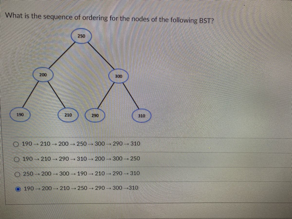 What is the sequence of ordering for the nodes of the following BST?
250
200
300
190
210
290
310
190 210 200 - 250 300 →290 310
190 210→290 -310 → 200 300+ 250
250- 200 300 190 - 210 290 310
190 200 210250 - 290 -300310
