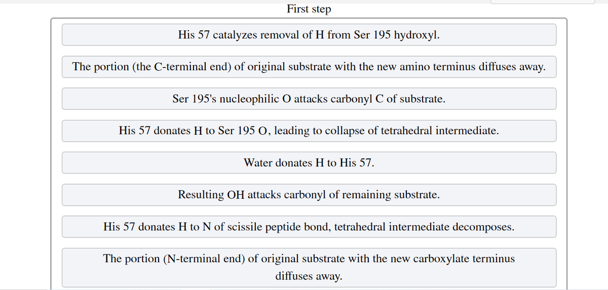 First step
His 57 catalyzes removal of H from Ser 195 hydroxyl.
The portion (the C-terminal end) of original substrate with the new amino terminus diffuses away.
Ser 195's nucleophilic O attacks carbonyl C of substrate.
His 57 donates H to Ser 195 0, leading to collapse of tetrahedral intermediate.
Water donates H to His 57.
Resulting OH attacks carbonyl of remaining substrate.
His 57 donates H to N of scissile peptide bond, tetrahedral intermediate decomposes.
The portion (N-terminal end) of original substrate with the new carboxylate terminus
diffuses away.
