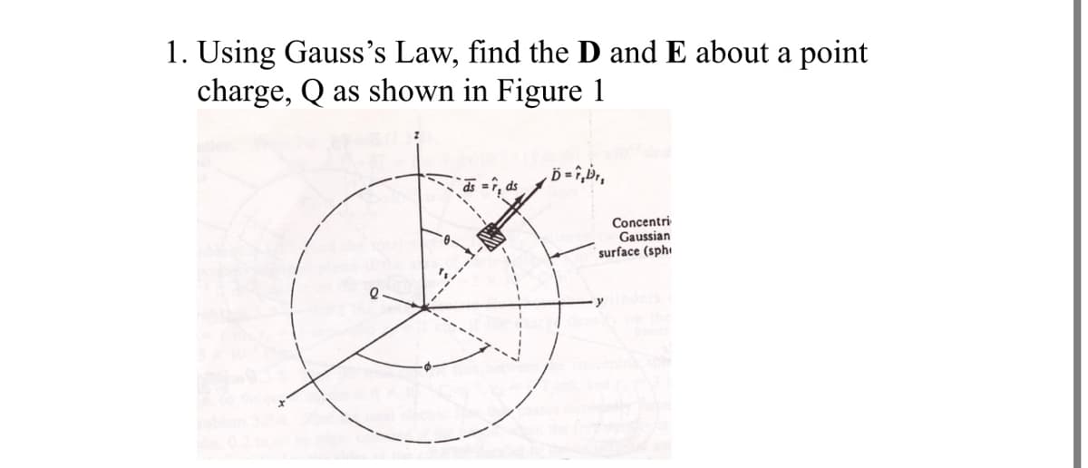 1. Using Gauss's Law, find the D and E about a point
charge, Q as shown in Figure 1
Concentri
Gaussian
surface (sphe
