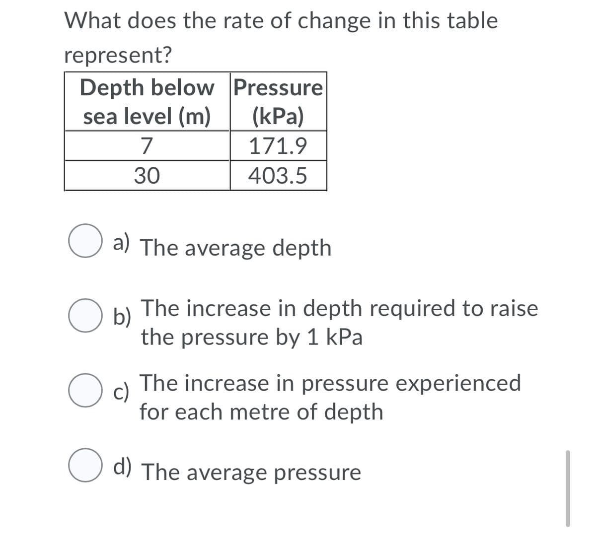 What does the rate of change in this table
represent?
Depth below Pressure
sea level (m)
(kPa)
7
171.9
30
403.5
O a) The average depth
The increase in depth required to raise
O b)
the pressure by 1 kPa
The increase in pressure experienced
c)
for each metre of depth
d) The average pressure
