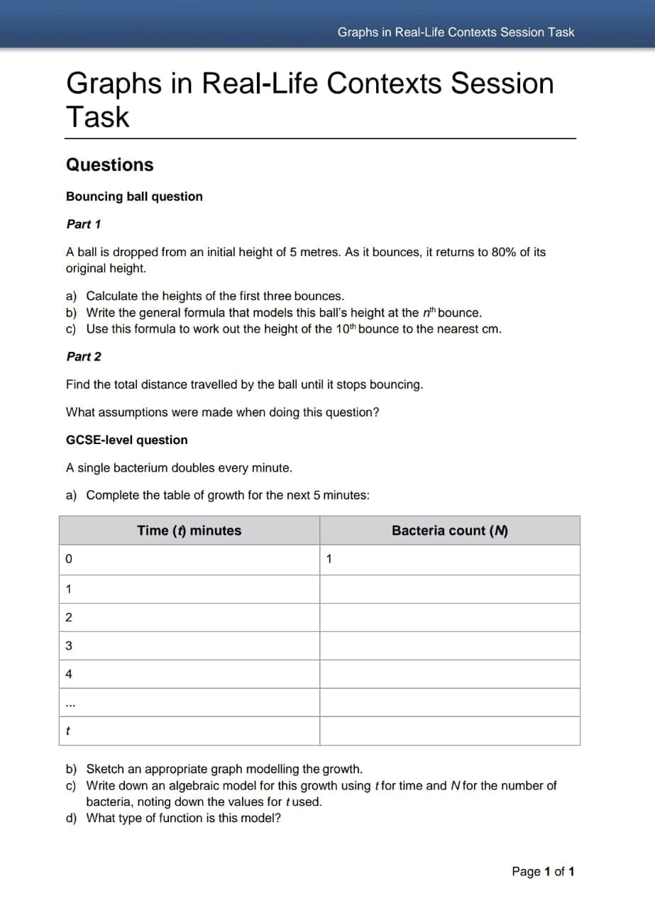 Graphs in Real-Life Contexts Session Task
Graphs in Real-Life Contexts Session
Task
Questions
Bouncing ball question
Part 1
A ball is dropped from an initial height of 5 metres. As it bounces, it returns to 80% of its
original height.
a) Calculate the heights of the first three bounces.
b) Write the general formula that models this ball's height at the nh bounce.
c) Use this formula to work out the height of the 10th bounce to
nearest cm.
Part 2
Find the total distance travelled by the ball until it stops bouncing.
What assumptions were made when doing this question?
GCSE-level question
A single bacterium doubles every minute.
a) Complete the table of growth for the next 5 minutes:
Time (t) minutes
Bacteria count (M)
1
3
4
...
b) Sketch an appropriate graph modelling the growth.
c) Write down an algebraic model for this growth using tfor time and N for the number of
bacteria, noting down the values for tused.
d) What type of function is this model?
Page 1 of 1
