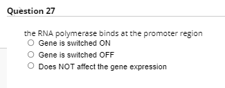 Question 27
the RNA polymerase binds at the promoter region
O Gene is switched ON
O Gene is switched OFF
O Does NOT affect the gene expression
