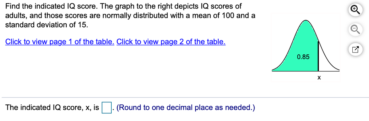 Find the indicated IQ score. The graph to the right depicts IQ scores of
adults, and those scores are normally distributed with a mean of 100 and a
standard deviation of 15.
Click to view page 1 of the table. Click to view page 2 of the table.
0.85
X
The indicated IQ score, x, is
(Round to one decimal place as needed.)

