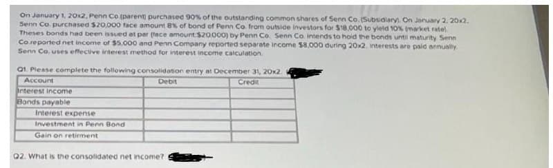 On January 1, 20x2, Penn Co (parent purchased 90% of the outstanding common shares of Senn Co. (Subsidlary). On January 2. 20x2.
Senn Co. purchased $20,000 face amount 8% of bond of Penn Co. from outside investors for $18.000 to yleld 10% (market rate
Theses bonds had been issued ot per (tace amount $20000) by Penn Co. Senn Co intends to hoid the bonds until maturity Senn
Co reported net income of $5.000 and Penn Company reported separate income $8,000 during 20x2. Interests are paid annually.
Senn Co, uses effective interest method for interest income calculation
Q1. Please complete the following consolidation entry at December 31, 20x2.
Account
Debit
Credit
Interest Income
Bonds payable
Interest expense
Investment in Penn Bond
Gain on retiment
Q2. What is the consolidated net income?
