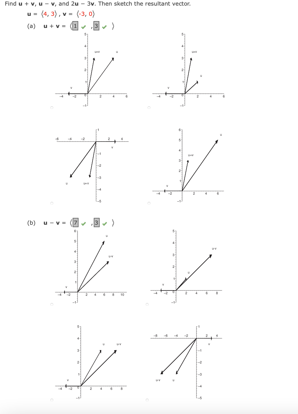 Find u + v, u – v, and 2u – 3v. Then sketch the resultant vector.
(4, 3), v =
(-3, 0)
u =
(а)
u + v = (1y
3
5-
5-
4-
U+V
U+V
3-
3-
2-
2-
1-
1-
2
6.
-6
-4
-2
2
5-
V
4
--1
u+V
3-
-2
2-
-3
11
u
U+V
-4
-2
2
4
6
-1-
(b) u - v =
6-
5
u
5-
U-V
4
3
u-V
3-
2-
2-
1-
4
6
-2
4
6
8
10
5-
-6
-4
-2
4-
U-V
3-
-1
2-
-2
1-
-3
U-V
-4
-2
2
4
6
8
