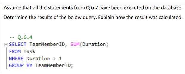 Assume that all the statements from Q.6.2 have been executed on the database.
Determine the results of the below query. Explain how the result was calculated.
Q.6.4
SELECT Team Member ID, SUM (Duration)
FROM Task
WHERE Duration > 1
GROUP BY Team Member ID;