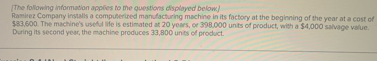 [The following information applies to the questions displayed below.]
Ramirez Company installs a computerized manufacturing machine in its factory at the beginning of the year at a cost of
$83,600. The machine's useful life is estimated at 20 years, or 398,000 units of product, with a $4,000 salvage value.
During its second year, the machine produces 33,800 units of product.