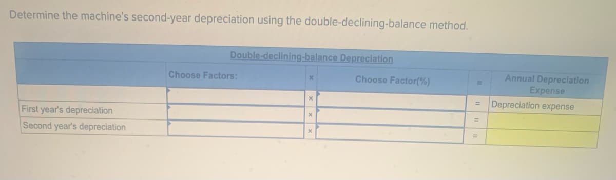 Determine the machine's second-year depreciation using the double-declining-balance method.
First year's depreciation
Second year's depreciation
Double-declining-balance Depreciation
Choose Factors:
X
X
X
Choose Factor (%)
Annual Depreciation
Expense
= Depreciation expense