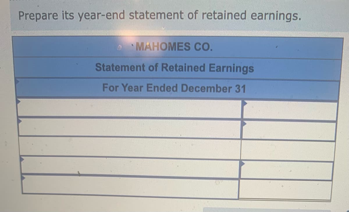 Prepare its year-end statement of retained earnings.
19 MAHOMES CO.
Statement of Retained Earnings
For Year Ended December 31