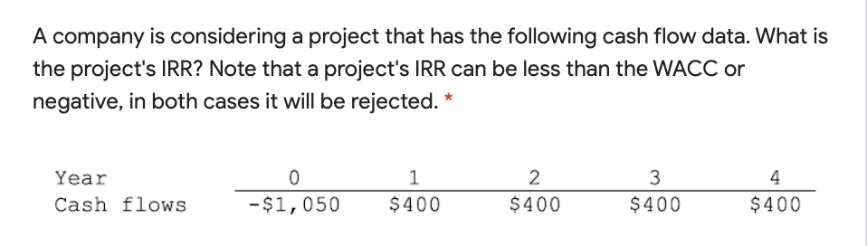 A company is considering a project that has the following cash flow data. What is
the project's IRR? Note that a project's IRR can be less than the WACC or
negative, in both cases it will be rejected. *
Year
3
4
Cash flows
-$1,050
$400
$400
$400
$400
