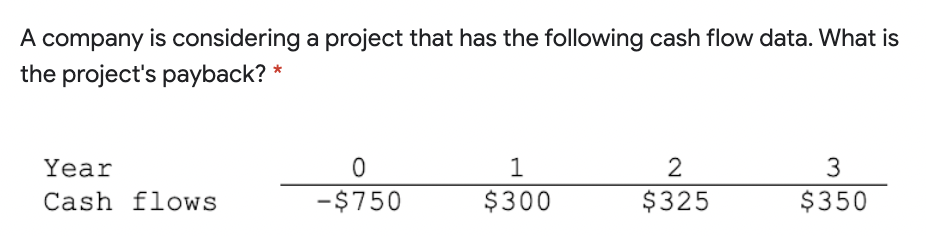 A company is considering a project that has the following cash flow data. What is
the project's payback? *
Year
1
2
3
Cash flowS
-$750
$300
$325
$350
