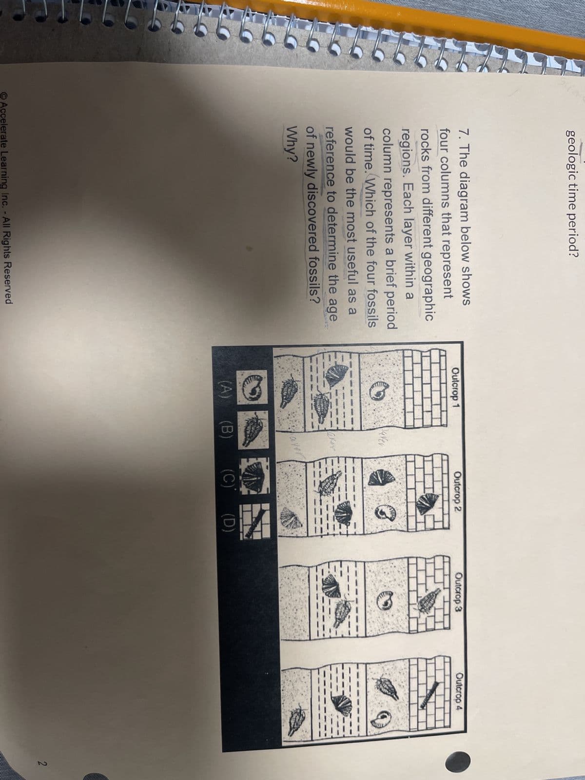 www
mit
ANG
wan
H
W
be
MSTER
2
www
SA TA
www
A
37
www
geologic time period?
7. The diagram below shows
four columns that represent
rocks from different geographic
regions. Each layer within a
column represents a brief period
of time. Which of the four fossils
would be the most useful as a
reference to determine the age
of newly discovered fossils?
Why?
Accelerate Learning Inc. - All Rights Reserved
www
www.1
Outcrop 1
②
240000 100000000305
CODE, DODOL
N
*** 0909
(A)
000000000000000
www.c
pater
poor 2000.
Soo
000000000 10oods
aver
(B)
Outcrop 2
G
(C) (D)
Outcrop 3
Outcrop 4
2