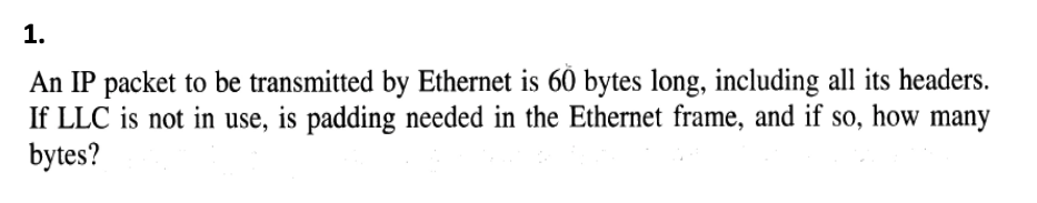 1.
An IP packet to be transmitted by Ethernet is 60 bytes long, including all its headers.
If LLC is not in use, is padding needed in the Ethernet frame, and if so, how many
bytes?
