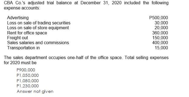 CBA Co.'s adjusted trial balance at December 31, 2020 included the following
expense accounts:
Advertising
Loss on sale of trading securities
Loss on sale of store equipment
Rent for office space
Freight out
Sales salaries and commissions
Transportation in
P500,000
30,000
20,000
360,000
150,000
400,000
15,000
The sales department occupies one-half of the office space. Total selling expenses
for 2020 must be
P900,000
P1,050,000
P1,080,000
P1,230,000
Answer not given
