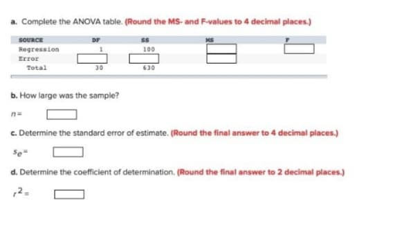 a. Complete the ANOVA table. (Round the MS- and F-values to 4 decimal places.)
SOURCE
Regression
100
Error
Total
30
630
b. How large was the sample?
n=
c. Determine the standard error of estimate. (Round the final answer to 4 decimal places.)
d. Determine the coefficient of determination. (Round the final answer to 2 decimal places.)
