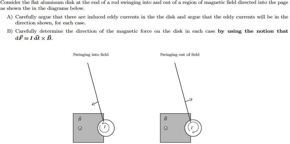 Consider the flat aluminum disk at the end of a rod swinging into and out of a region of magnetic field directed into the page
as shown the in the diagrams below.
A) Carefully argue that there are induced eddy currents in the the disk and argue that the eddy currents will be in the
direction shown, for each case.
B) Carefully determine the direction of the magnetic force on the disk in each case by using the notion that
dF = I de x B.
Swinging into field
B
Swinging out of field