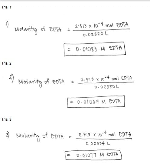 Trial 1
2.513 x 10-4 mol EDTA
Molanity of EDTA
0.02320 L
= 0. 01083 M EDTA
Trial 2
2)
Molarity
2.513 x 10-4 mol EDTA
of EDTA
0. 02350 L
= 0.01069 M EDTA
Trial 3
9 =
Molaity of EDTA
2.513 x 10-4 mol EDTA
0. 02534 L
0.61077 M EDTA
