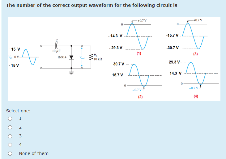 The number of the correct output waveform for the following circuit is
+0.7 V
+0.7 V
- 14.3 V
-15.7 V
15 V
- 29.3 V
-30.7 V
10 uF
(1)
(3)
IN914 Y
R.
10 kn
Vin OV
29.3 V-
30.7 V
- 15 V
14.3 V
15.7 V
-0.7 v
-0,7 v
(2)
(4)
Select one:
1
2
4
None of them
